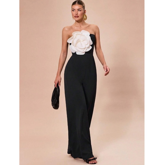 White Flower Strapless Black Elegant Jumpsuit High Waisted Long Wide Leg - Picture 3 of 8